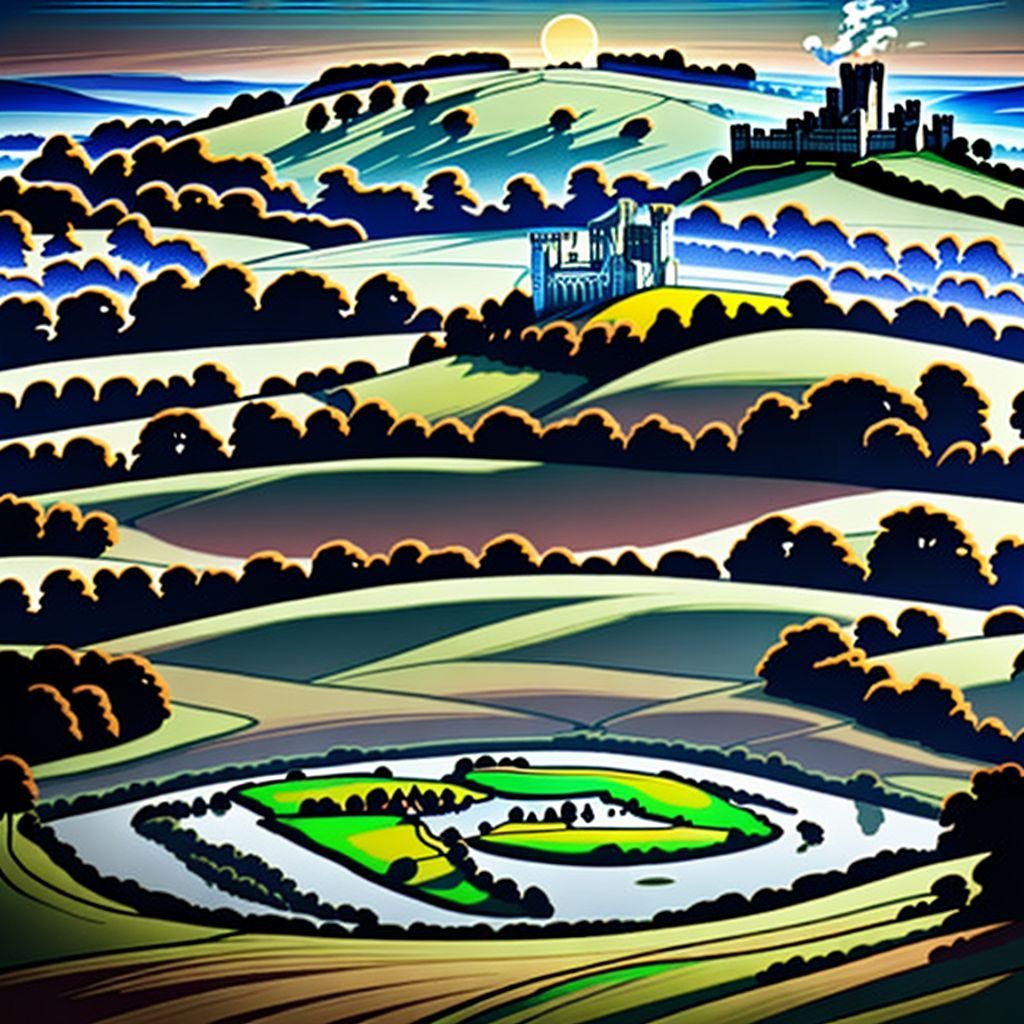 Ultra-high-definition gradient illustration of West Sussex, featuring Arundel Castle, the South Downs, and traditional Sussex pond pudding.