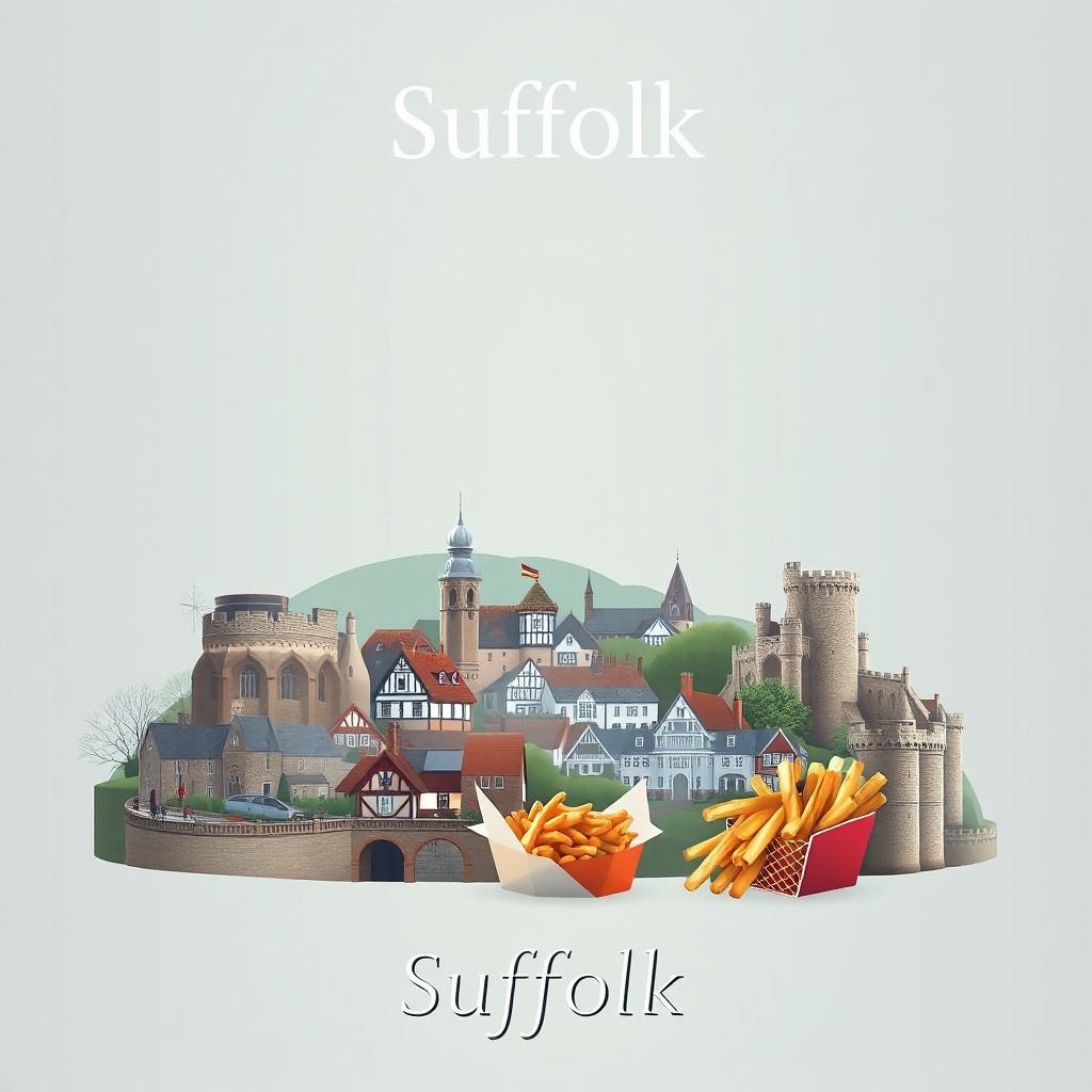 Ultra-high-definition gradient illustration of Suffolk, England, featuring Sutton Hoo, Lavenham, Framlingham Castle, the coastline, and fish and chips.
