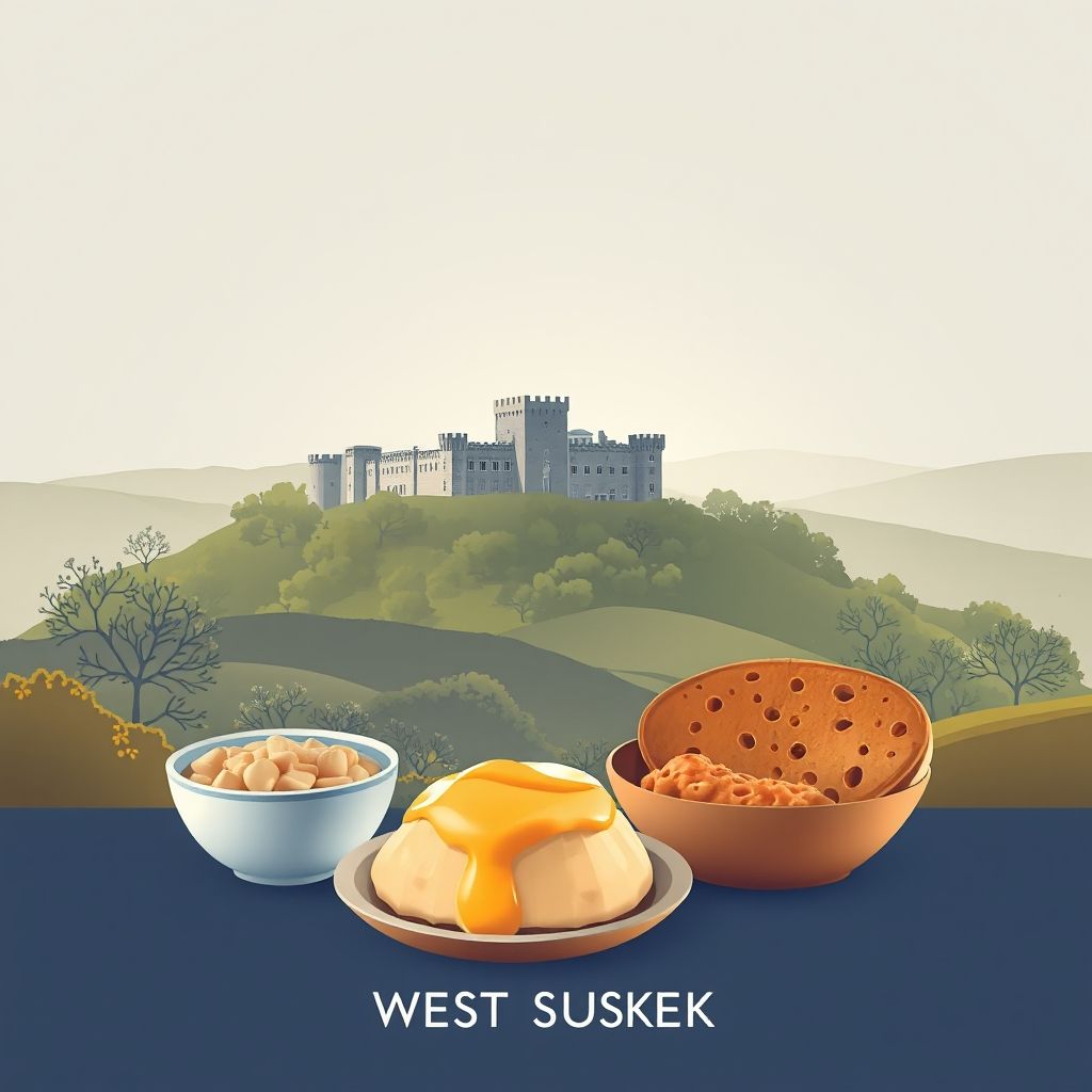 Ultra-high-definition gradient illustration of West Sussex featuring Arundel Castle, South Downs, and Sussex Pond Pudding.