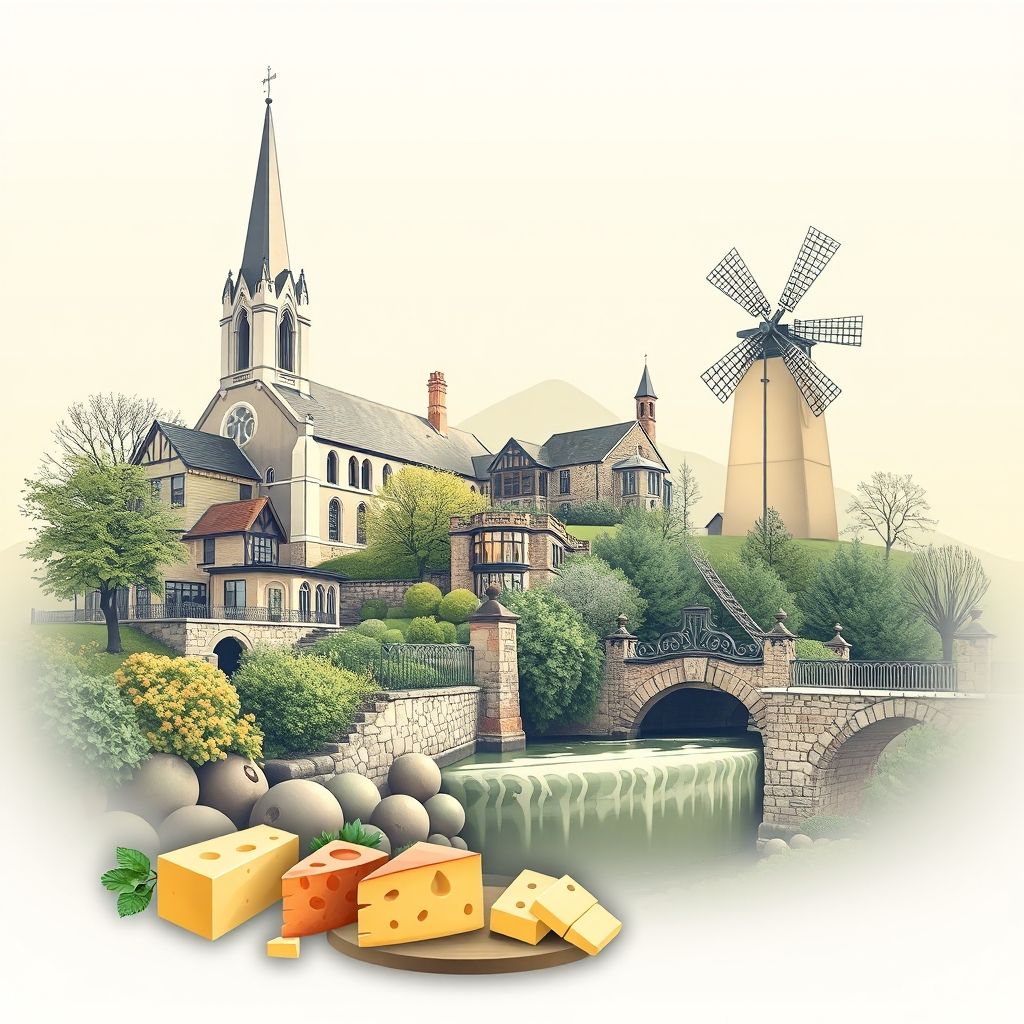Ultra-high-definition gradient illustration of Stretton featuring St. Matthew's Church, the Stretton Water Mill, and Cheshire cheese.