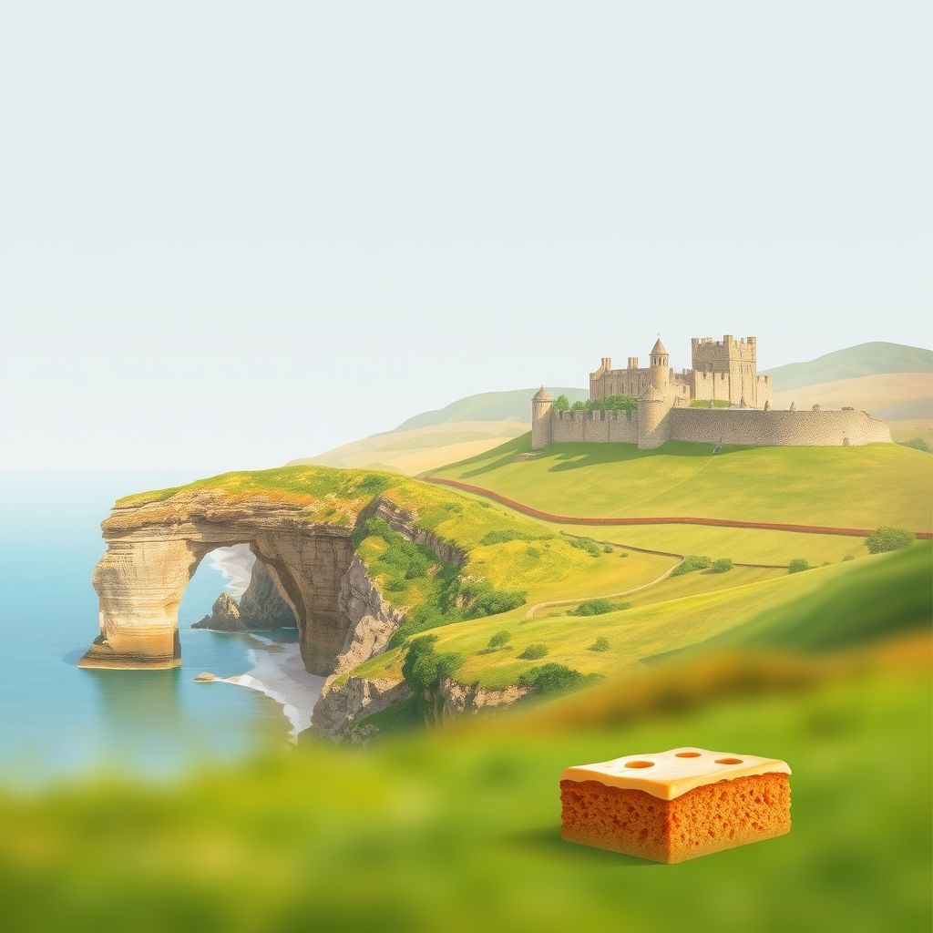 Ultra-high-definition gradient illustration of Dorset, England, featuring Durdle Door, Corfe Castle, and Dorset Apple Cake.