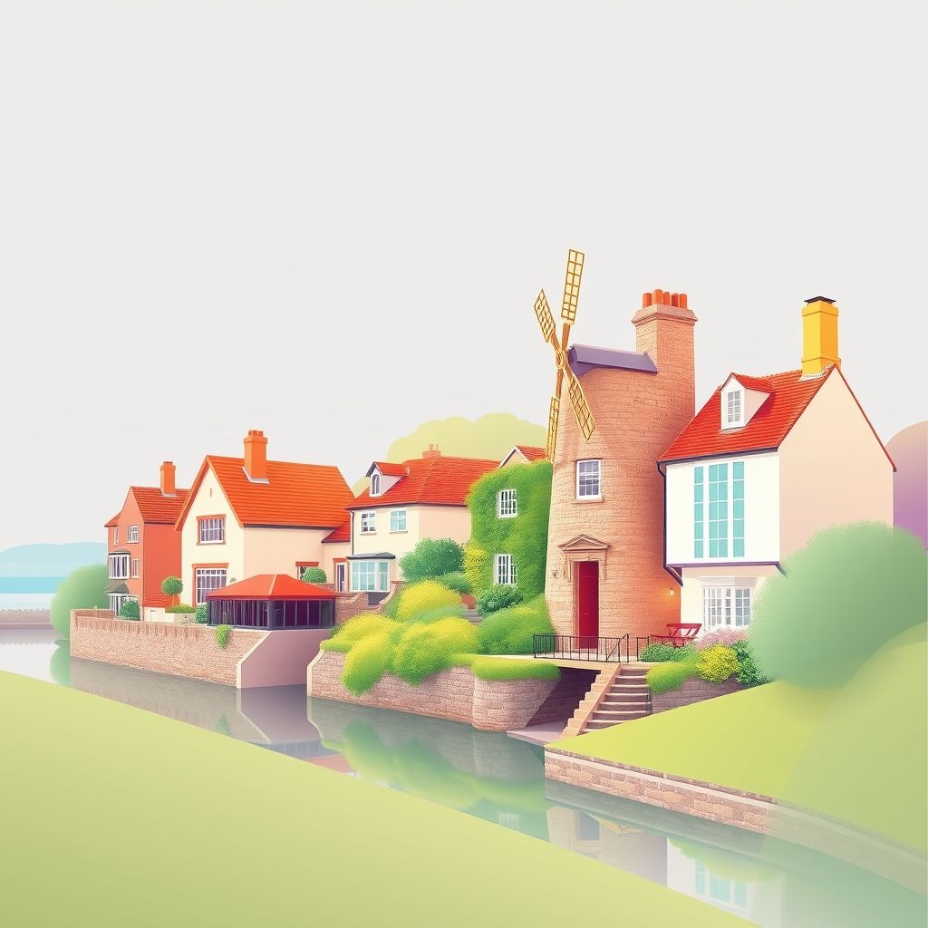Ultra-high-definition gradient illustration of Calbourne, featuring Winkle Street, the Calbourne Water Mill, garlic farms, and coastal scenery.