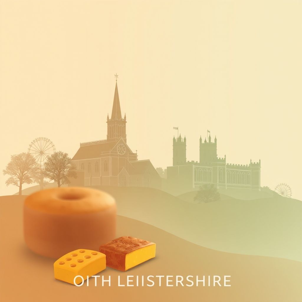 Ultra-high-definition gradient illustration of North West Leicestershire featuring Staunton Harold Church, Calke Abbey, Stilton cheese, and pork pies.