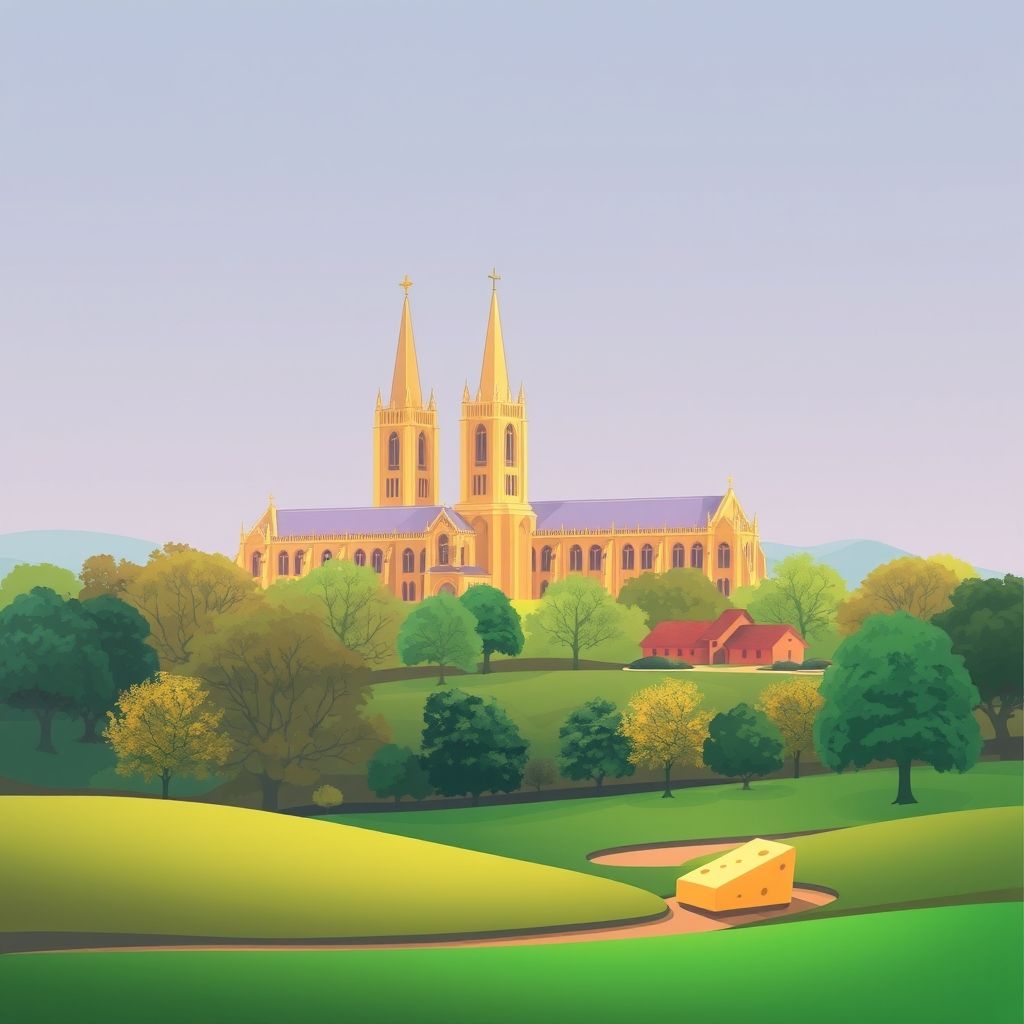 Ultra-high-definition gradient illustration of Leicestershire, featuring Leicester Cathedral, Bradgate Park, Melton Mowbray pork pie, and Stilton cheese.