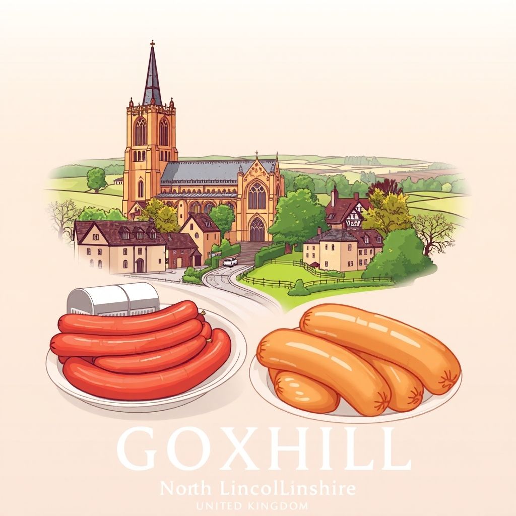 Gradient illustration of Goxhill showcasing St. Giles Church, scenic countryside, and Lincolnshire sausages.