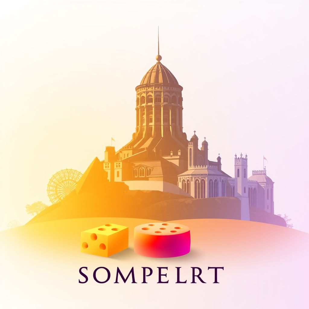Ultra-high-definition gradient illustration of Somerset, featuring Glastonbury Tor, Wells Cathedral, and Cheddar cheese.