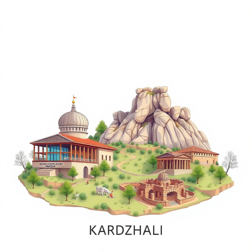 Ultra-high-definition gradient illustration style Kardzhali illustration, showing the unique charm of the Kardzhali Regional History Museum, the Stone Wedding rock formation, and the ancient city of Perperikon.
