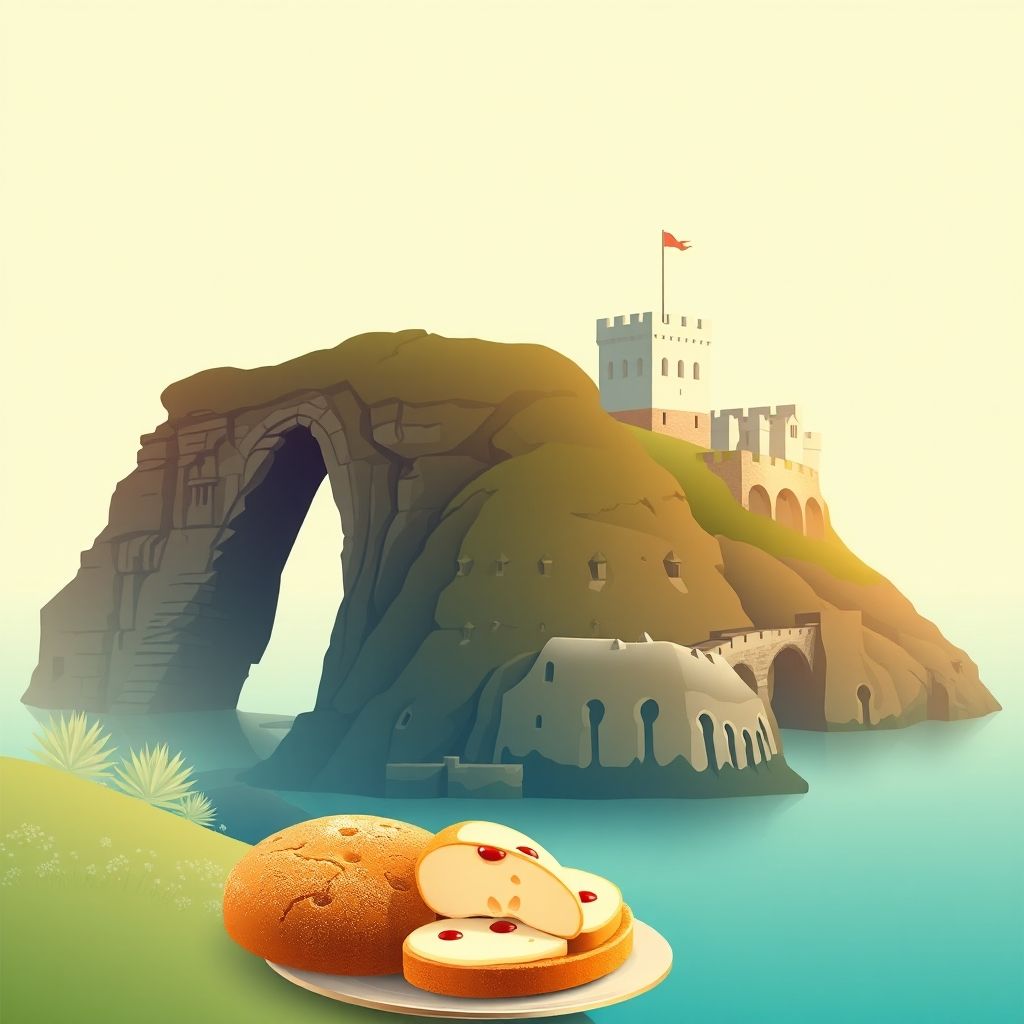 Ultra-high-definition gradient illustration of Dorset, featuring Durdle Door, Corfe Castle, and Dorset apple cake.