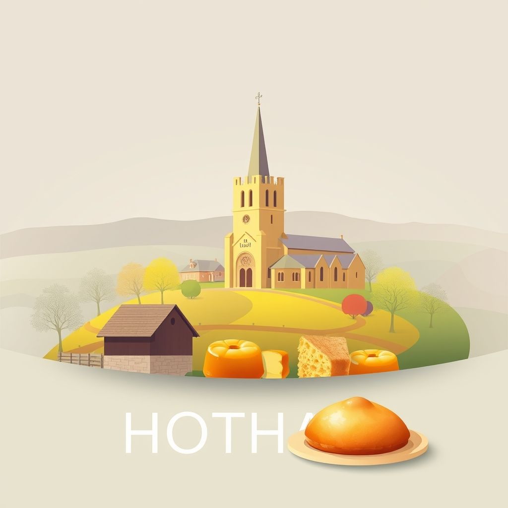 Ultra-high-definition gradient illustration of Hotham featuring St. Oswald's Church, countryside, and Yorkshire pudding.