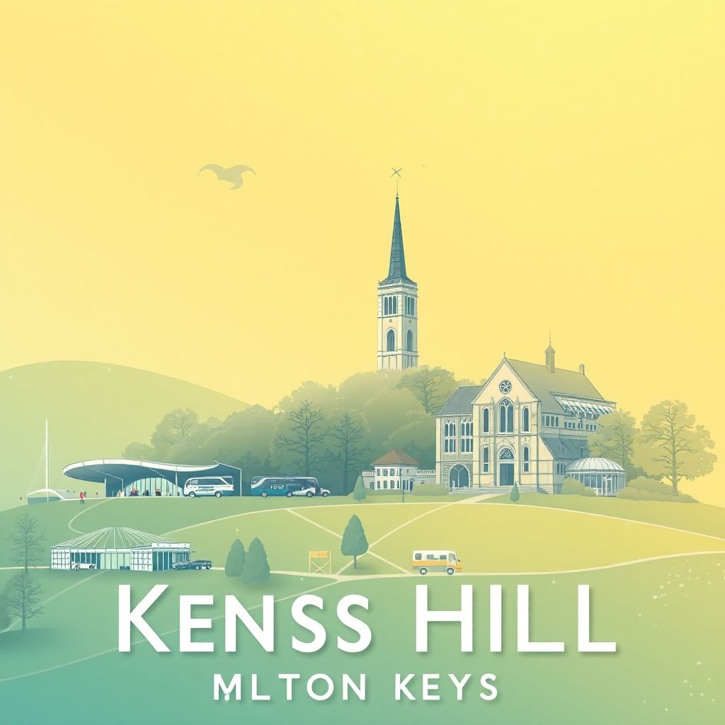 Ultra-high-definition gradient illustration of Kents Hill, Monkston and Brinklow, featuring Xscape, St. Lawrence Church, and traditional cream tea.