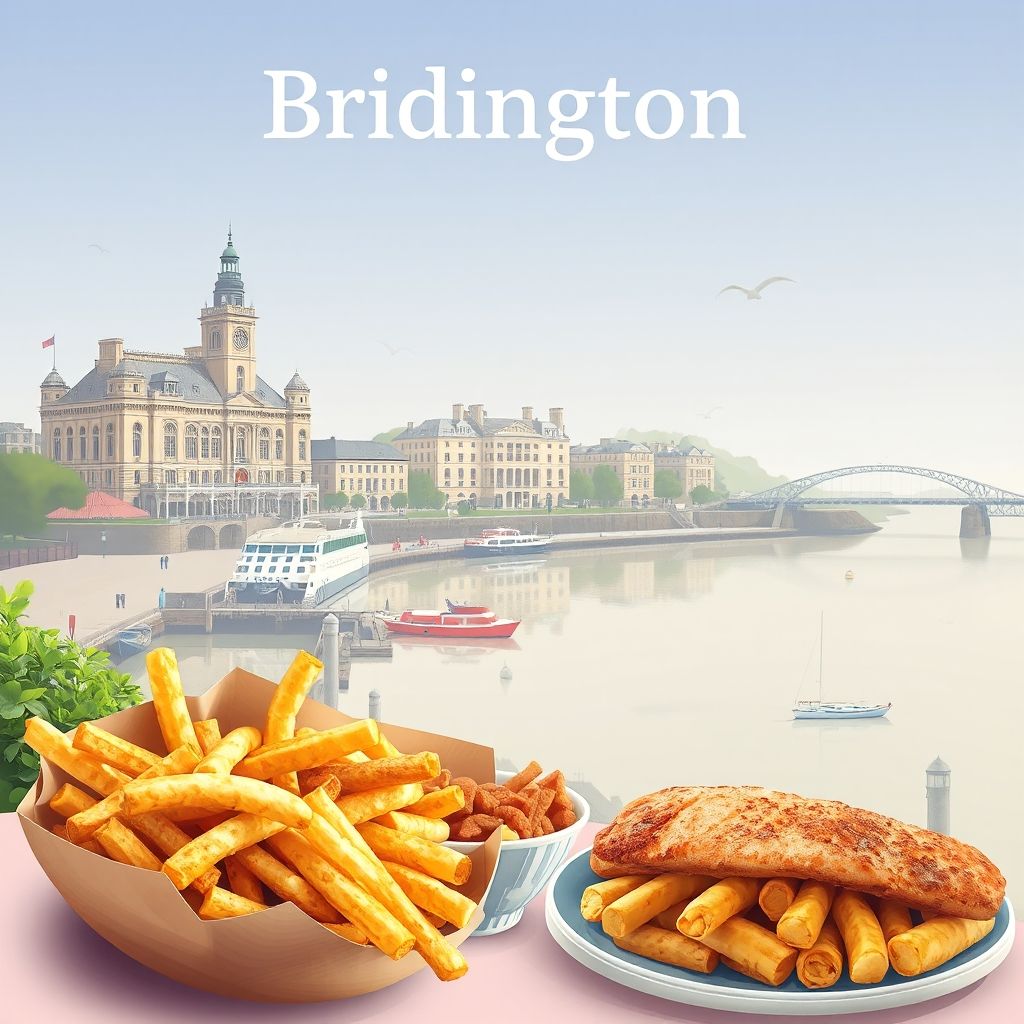 Ultra-high-definition gradient illustration of Bridlington, featuring Bridlington Harbour, Sewerby Hall and Gardens, and fish and chips.
