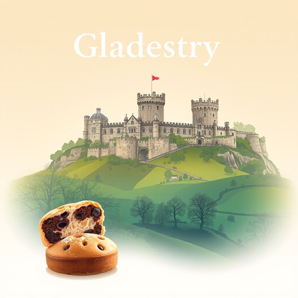 Ultra-high-definition gradient illustration of Gladestry featuring Powis Castle, Welsh countryside, and traditional Welsh cakes.