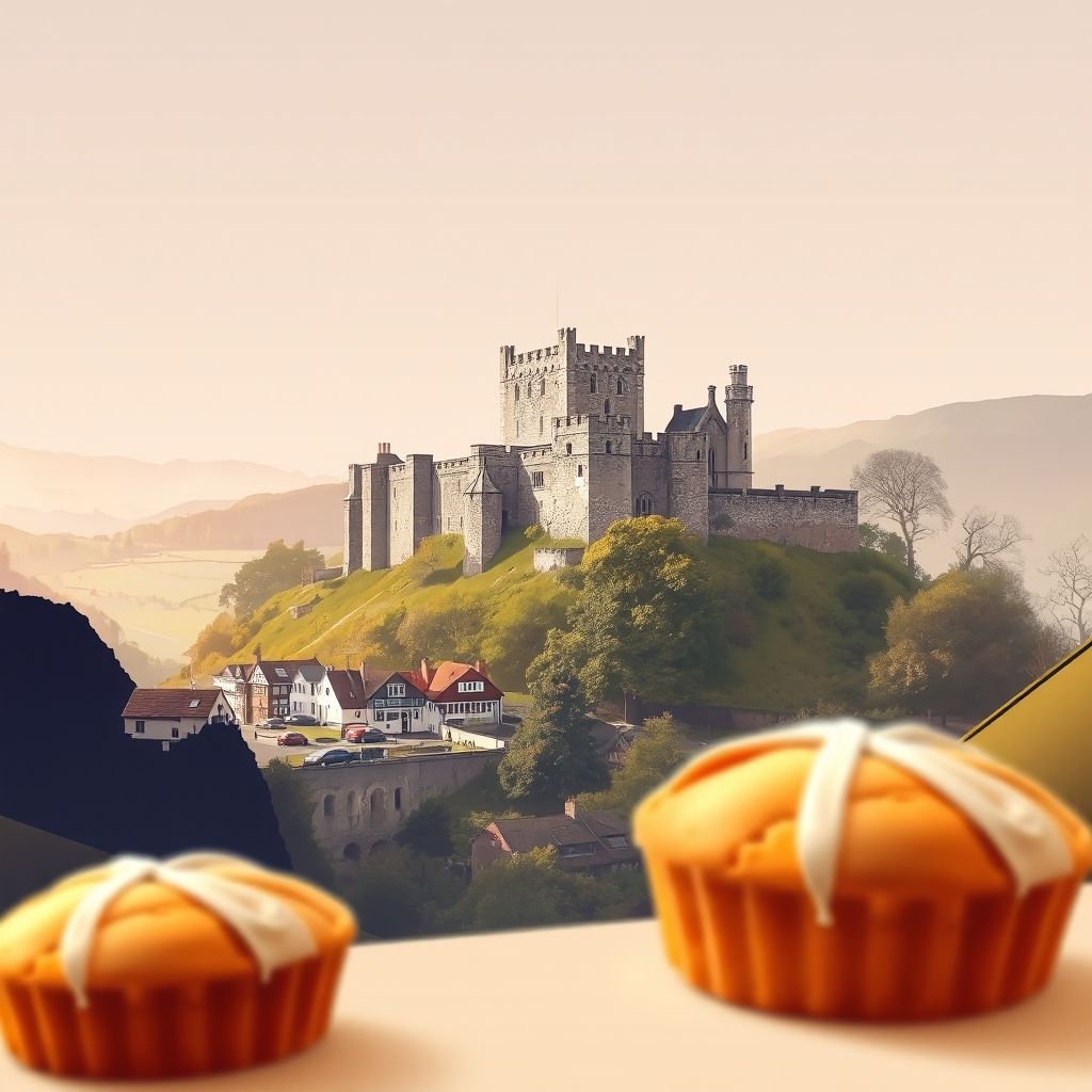 Ultra-high-definition gradient illustration of Hay, featuring Hay Castle, historic market town, Wye Valley, and Welsh cakes.