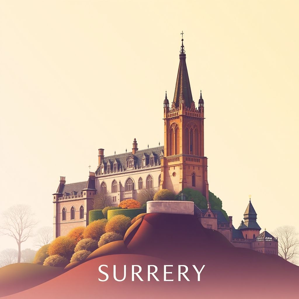 Ultra-high-definition gradient illustration of Surrey, featuring Hampton Court Palace, RHS Garden Wisley, Surrey Hills, and traditional Surrey sausage.