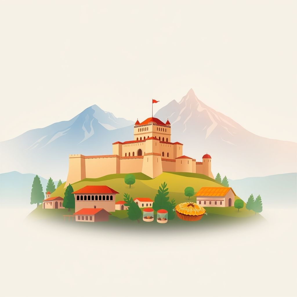 Ultra-high-definition gradient illustration of Kukes County, Albania, featuring Kukes Castle, the Albanian Alps, and traditional Fli pie.