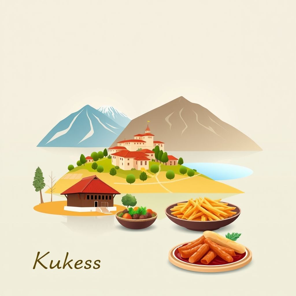 Gradient illustration of Kukes County, Albania with Fshati i Vjeter, Komani Lake, and Tavë Kosi.