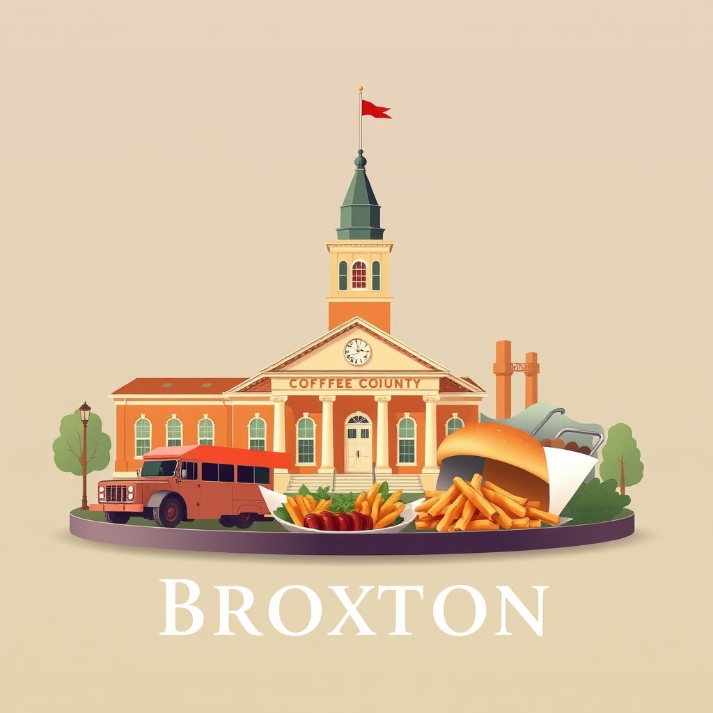 Ultra-high-definition gradient illustration of Broxton, featuring the Coffee County Courthouse, Broxton Motorsports Park, and classic Southern barbecue.