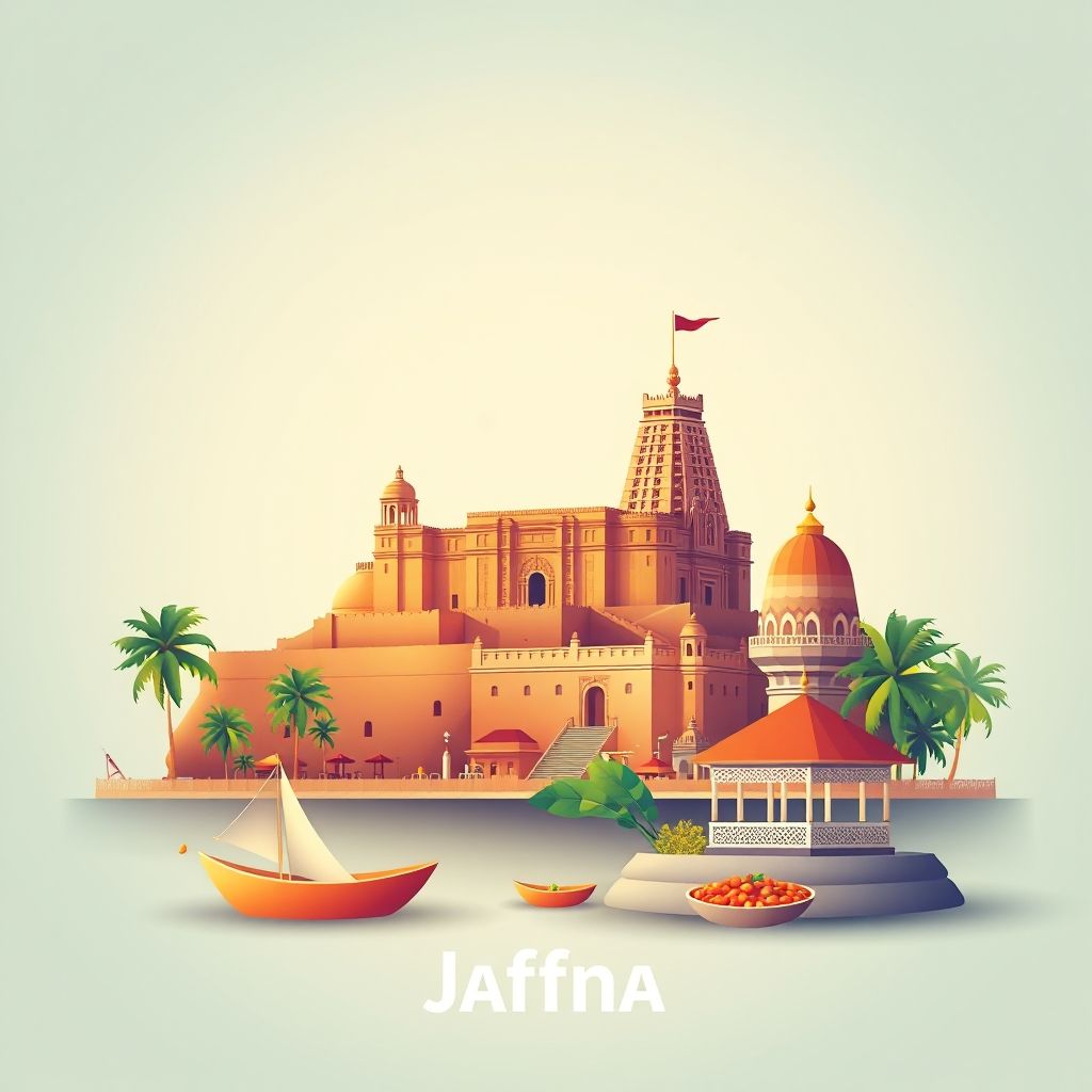 Ultra-high-definition gradient illustration of Jaffna District, Northern Province, Sri Lanka, featuring Jaffna Fort, Nallur Kandaswamy Temple, and Jaffna crab curry.
