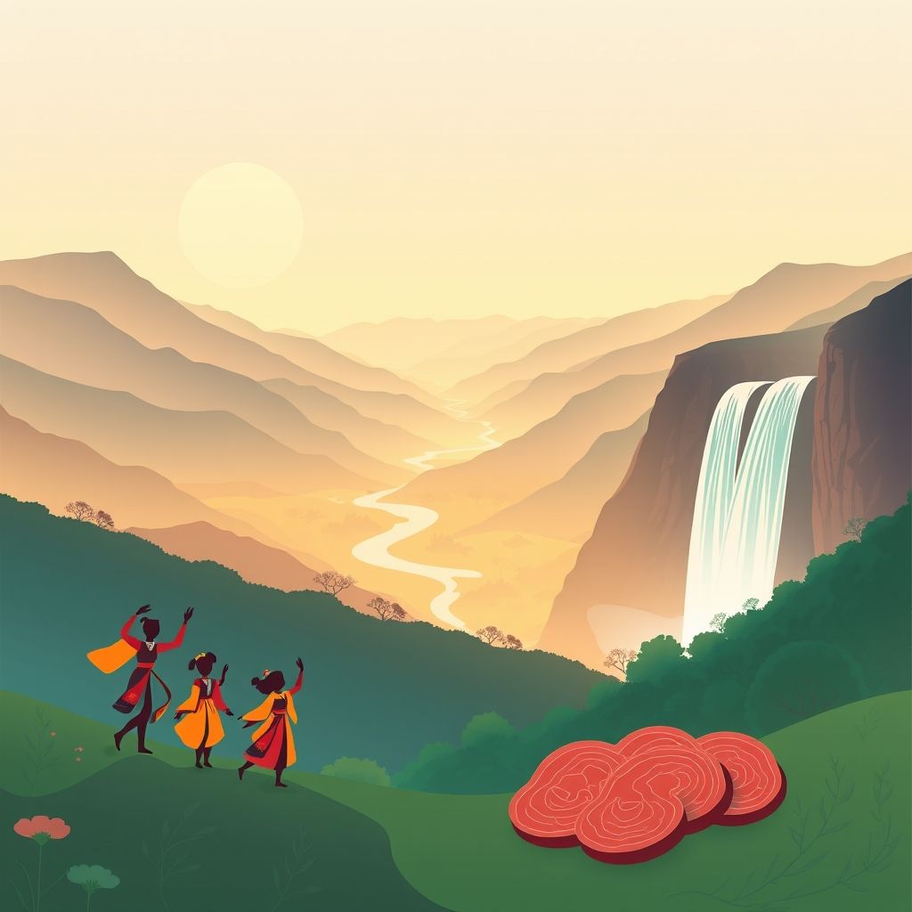 Ultra-high-definition gradient illustration of Sayō Chō, Sayo-gun, Hyogo, Japan, featuring Sayo Gorge, Tendaki Waterfall, Sayo dance, and Sayo beef.