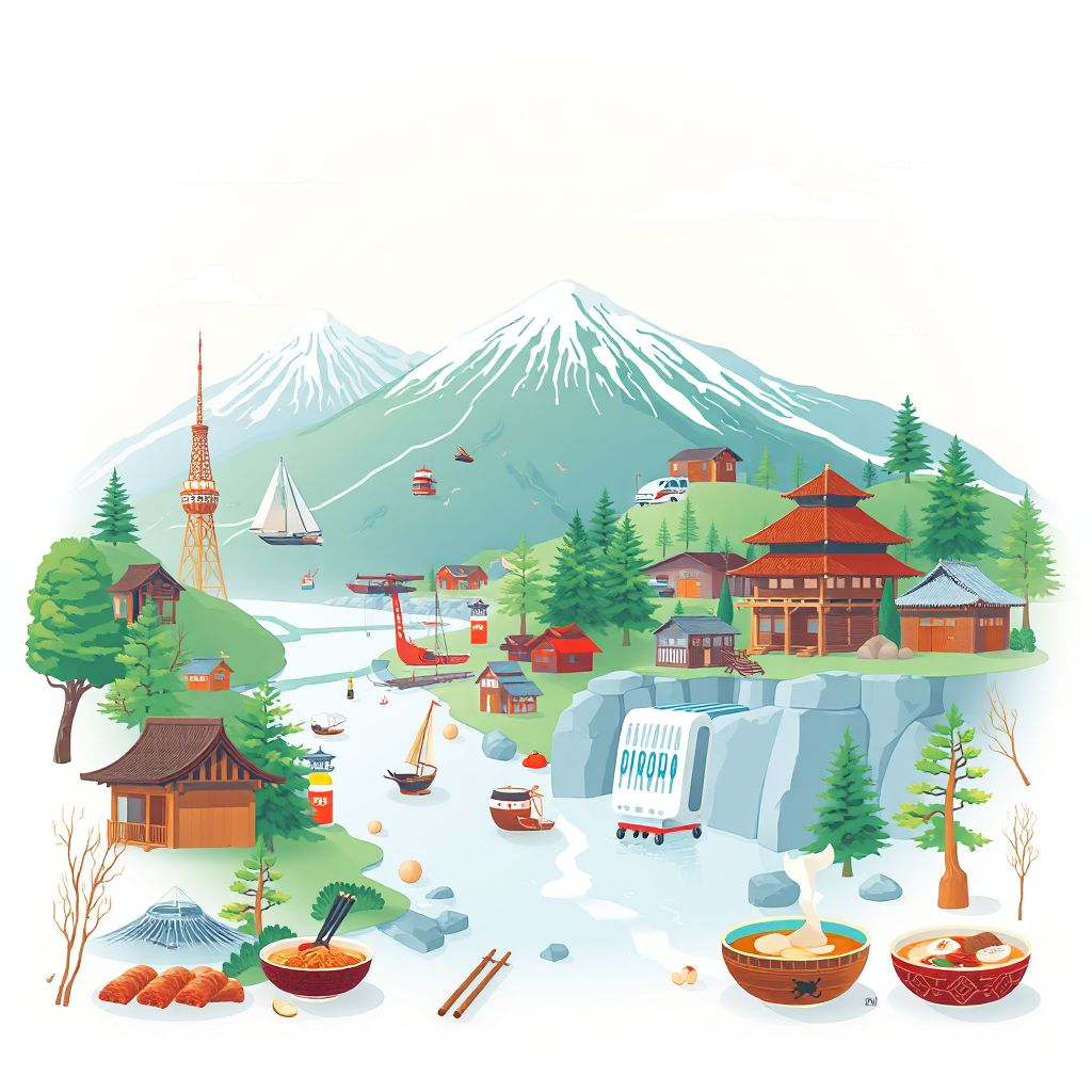 Ultra-high-definition gradient illustration style Urukawa-gun illustration, showing the unique charm of Shiretoko National Park and Hokkaido ramen.