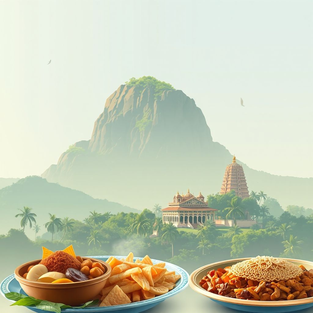 Ultra-high-definition gradient illustration of Kurunegala District, featuring Kurunegala Rock, Ibbagamuwa Rajamaha Viharaya temple, and local delicacies thalapa and kiribath.