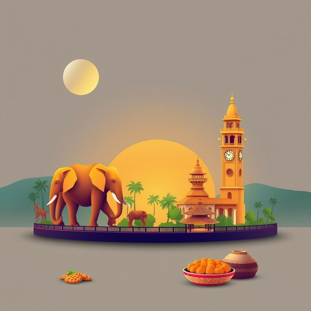 Ultra-high-definition gradient illustration of Aranayaka Division, featuring the Pinnawala Elephant Orphanage, Kegalle Clock Tower, and Kiribath.