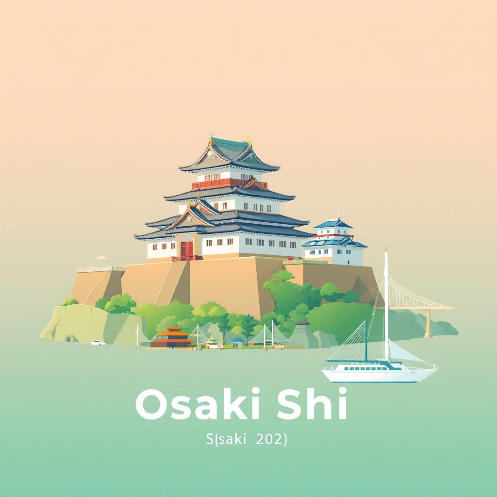 Ultra-high-definition gradient illustration style Osaki Shi illustration, showing the unique charm of Sendai Castle and Matsushima Bay.
