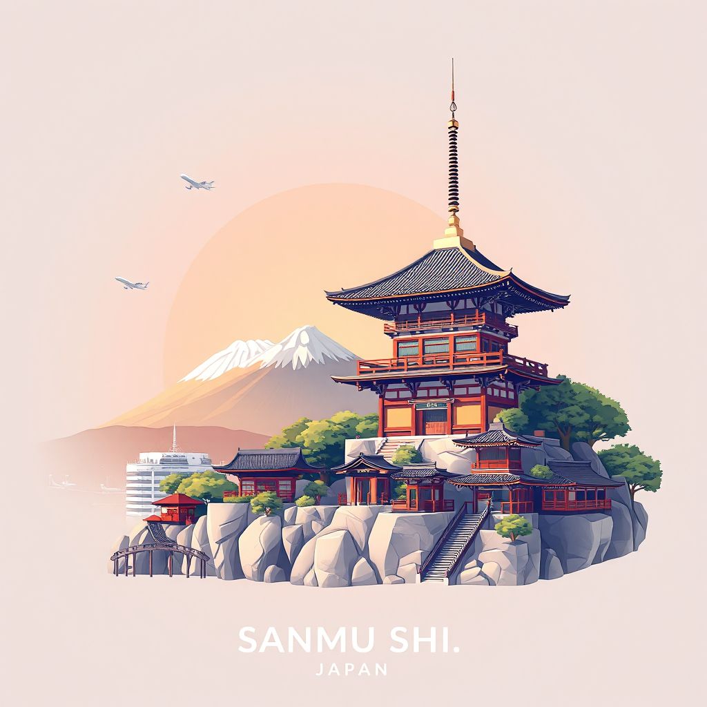 Ultra-high-definition gradient illustration style Sanmu Shi illustration, showing the unique charm of the Narita International Airport, Narita-san Shinsho-ji Temple.
