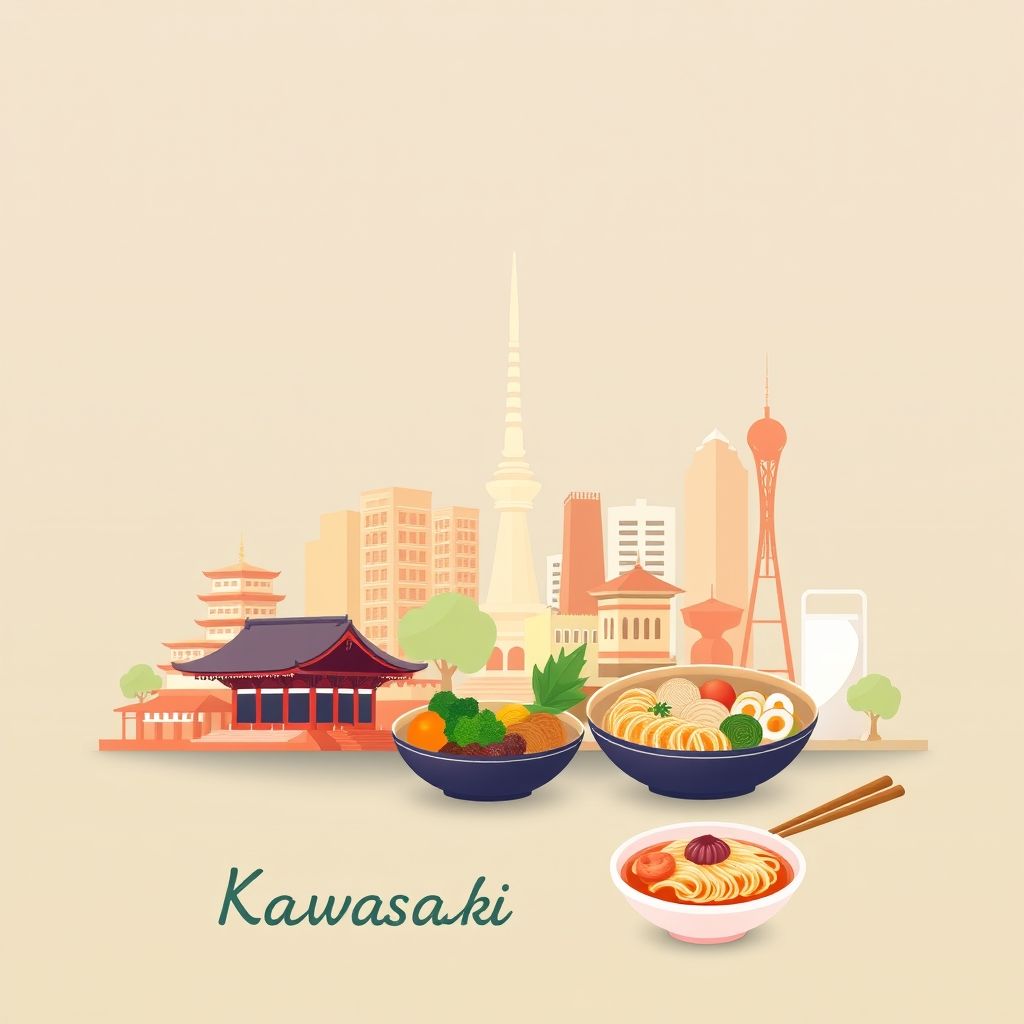 Gradient illustration of Kawasaki, Kanagawa, Japan, featuring Kawasaki Daishi Temple, Kawasaki Marien, and Kawasaki Zuru Zuru Noodles.