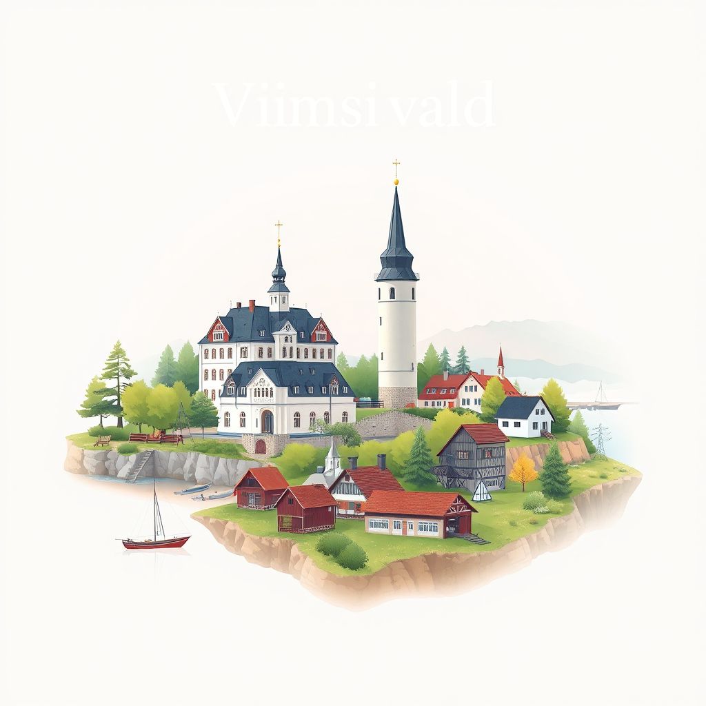 Ultra-high-definition gradient illustration style Viimsi vald illustration, showing the unique charm of the Viimsi Manor, Viimsi Beach, and the Viimsi Open-Air Museum.