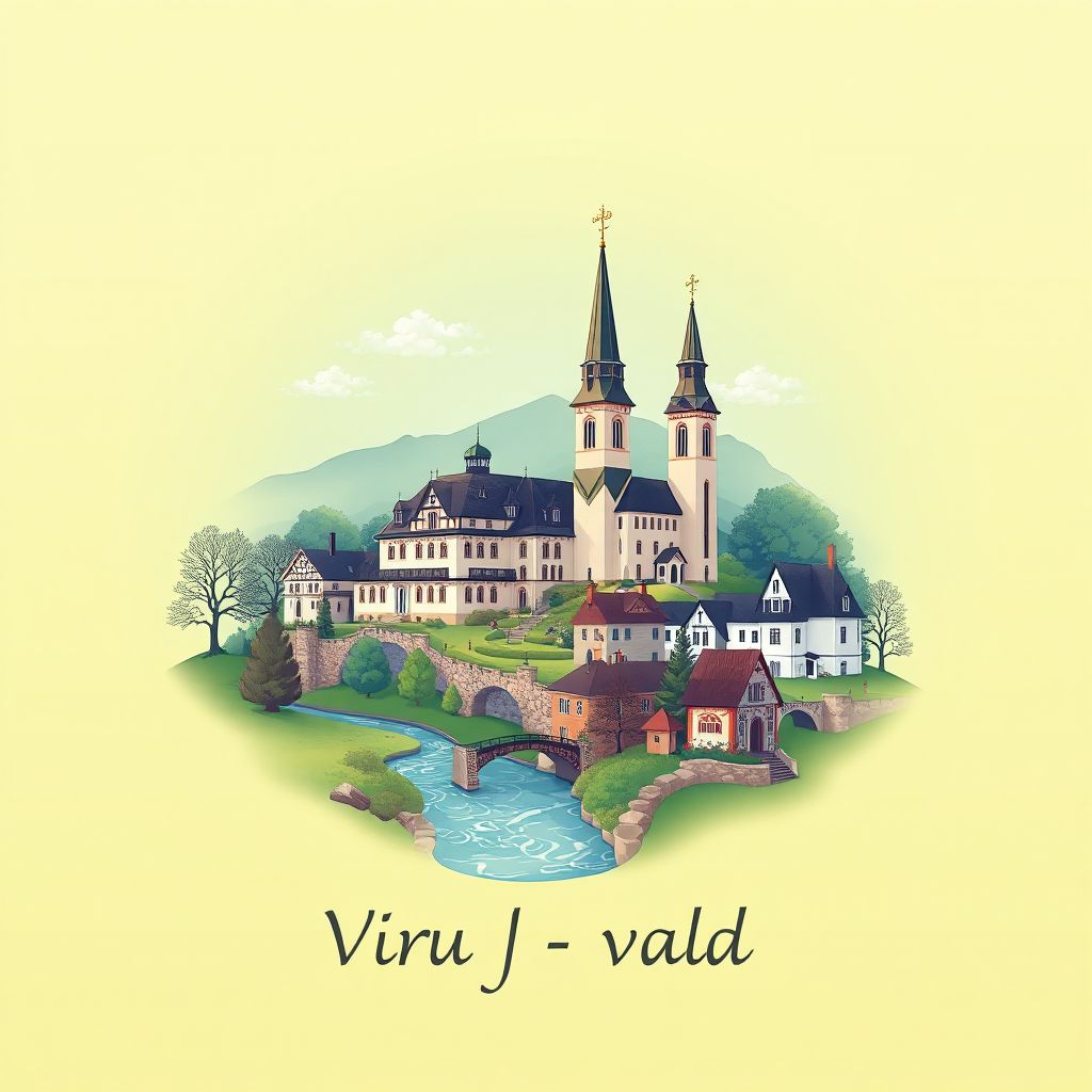 Ultra-high-definition gradient illustration style Viru-Nigula vald illustration, showing the unique charm of the Altja Manor, the Altja River, and the Altja Church.
