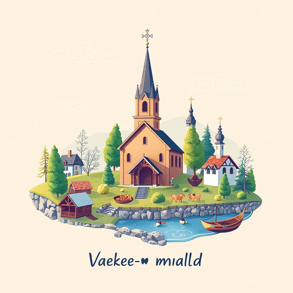 Ultra-high-definition gradient illustration style image of Vaeike-Maarja vald, featuring the Vaeike-Maarja Church and traditional Estonian cuisine, Verivorst.