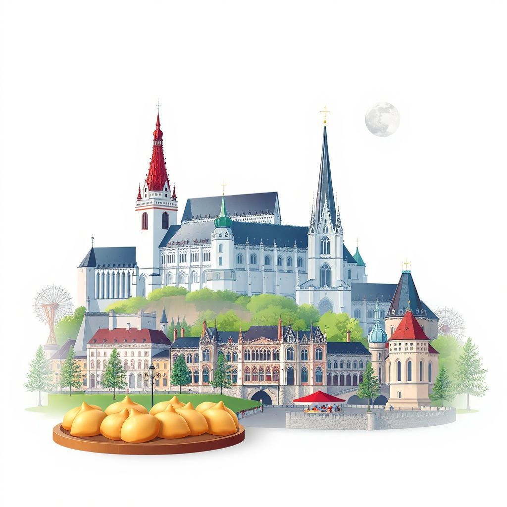 Ultra-high-definition gradient illustration style Powiat lubartowski illustration, showing the unique charm of the Lublin Castle, the Lublin Cathedral, and traditional Polish pierogi.