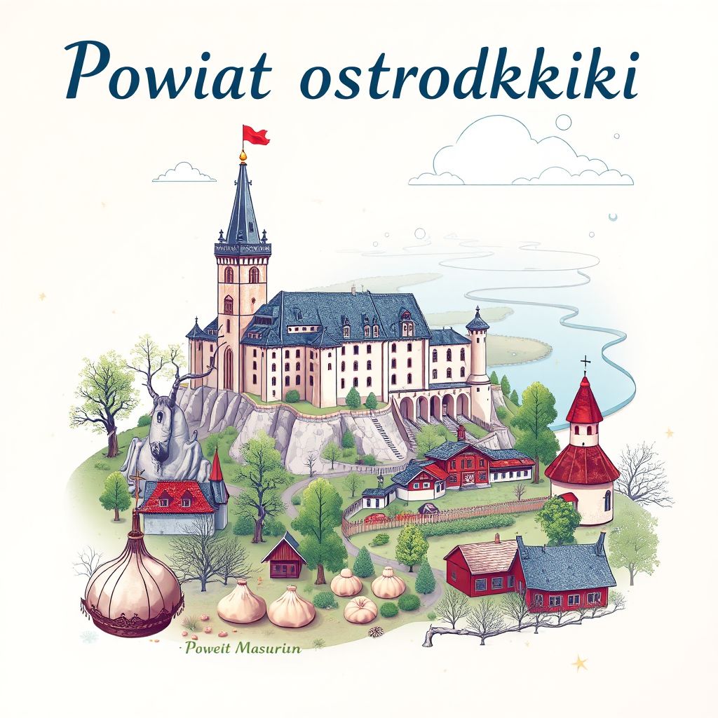 Ultra-high-definition gradient illustration style Powiat ostrodzki illustration, showing the unique charm of the Ostroda Castle, the Great Masurian Lakes.