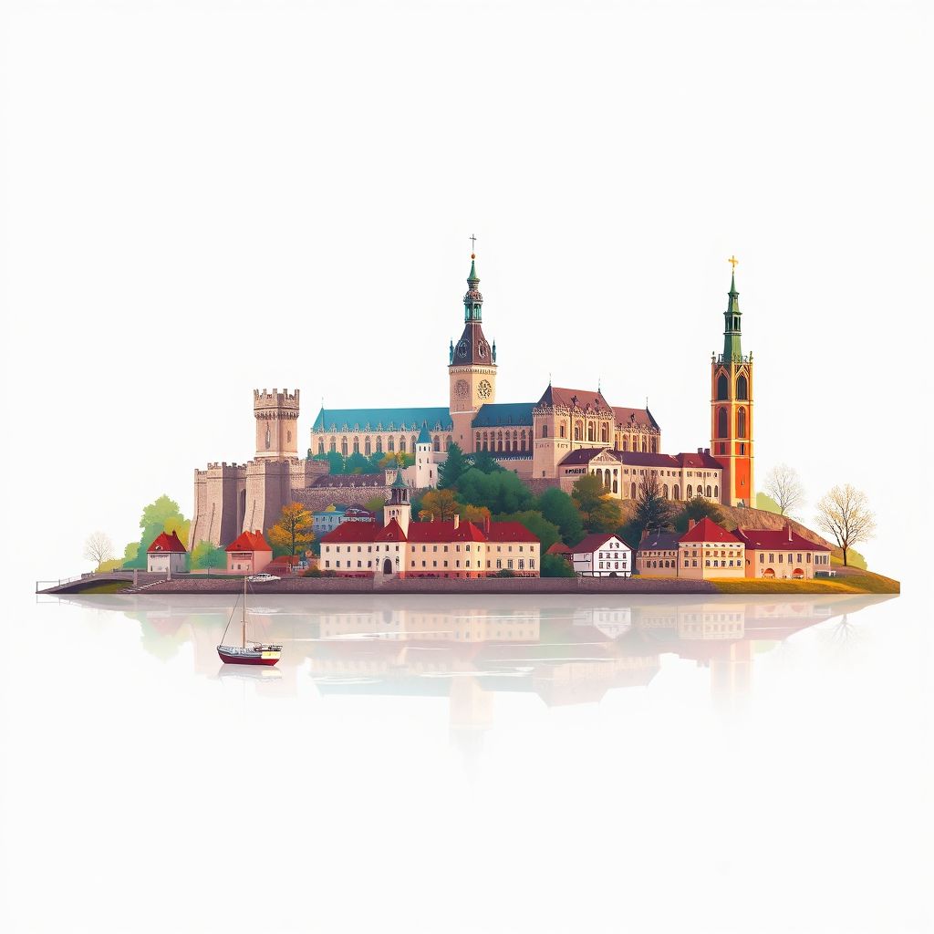 Ultra-high-definition gradient illustration style Powiat Braniewski illustration, showing the unique charm of the Braniewo Castle, the Braniewo Cathedral, and the Masurian Lakes.