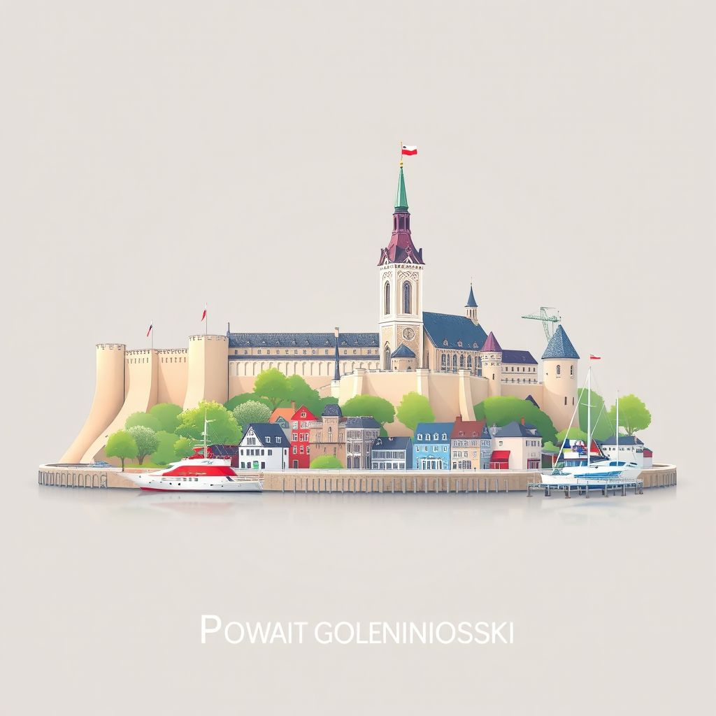 Ultra-high-definition gradient illustration style Powiat goleniowski illustration, showing the unique charm of the Goleniów Castle, the Church of St. Mary Magdalene, and the local pier.