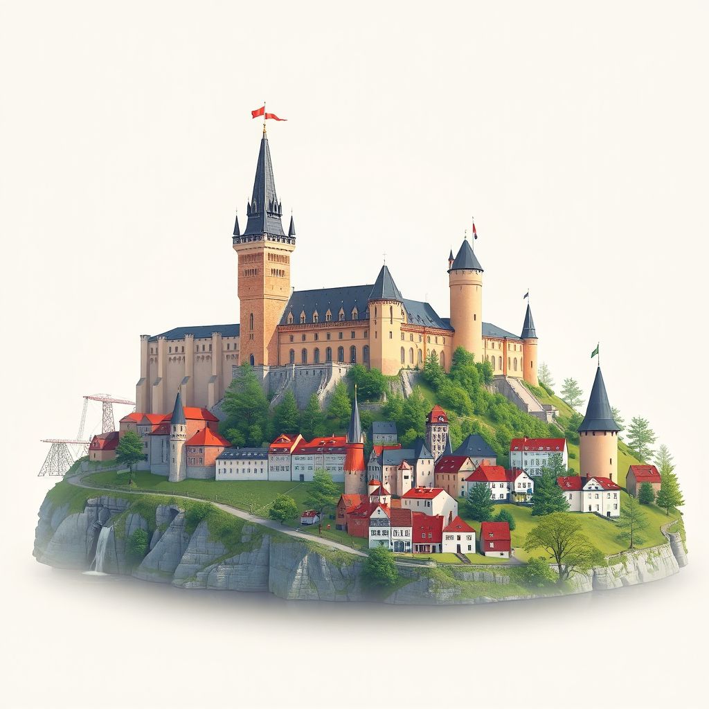 Ultra-high-definition gradient illustration style Powiat gizycki illustration, showing the unique charm of the Gizycko Castle, the Great Masurian Lakes, and the historic town of Gizycko.
