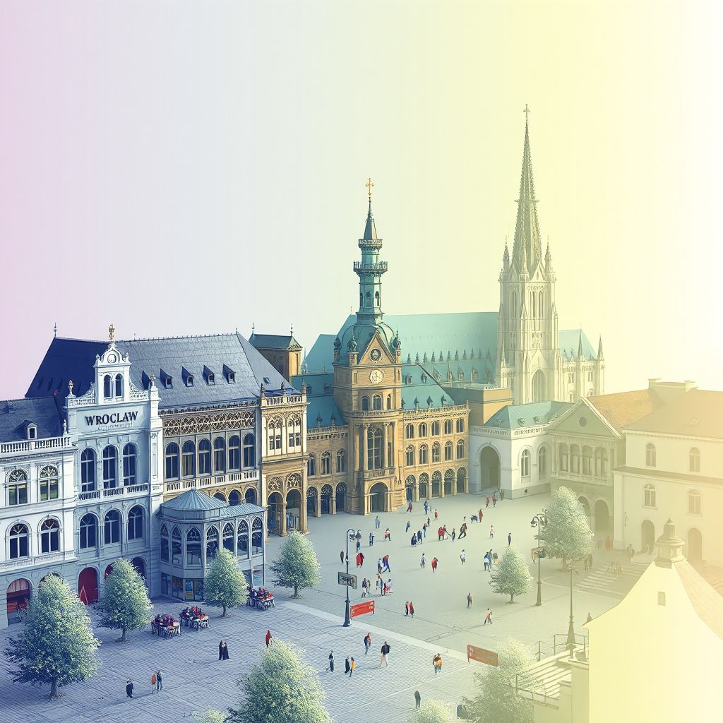 Ultra-high-definition gradient illustration style Wroclaw illustration, showing the unique charm of the Wroclaw Market Square, the Centennial Hall, and the Wroclaw Cathedral.
