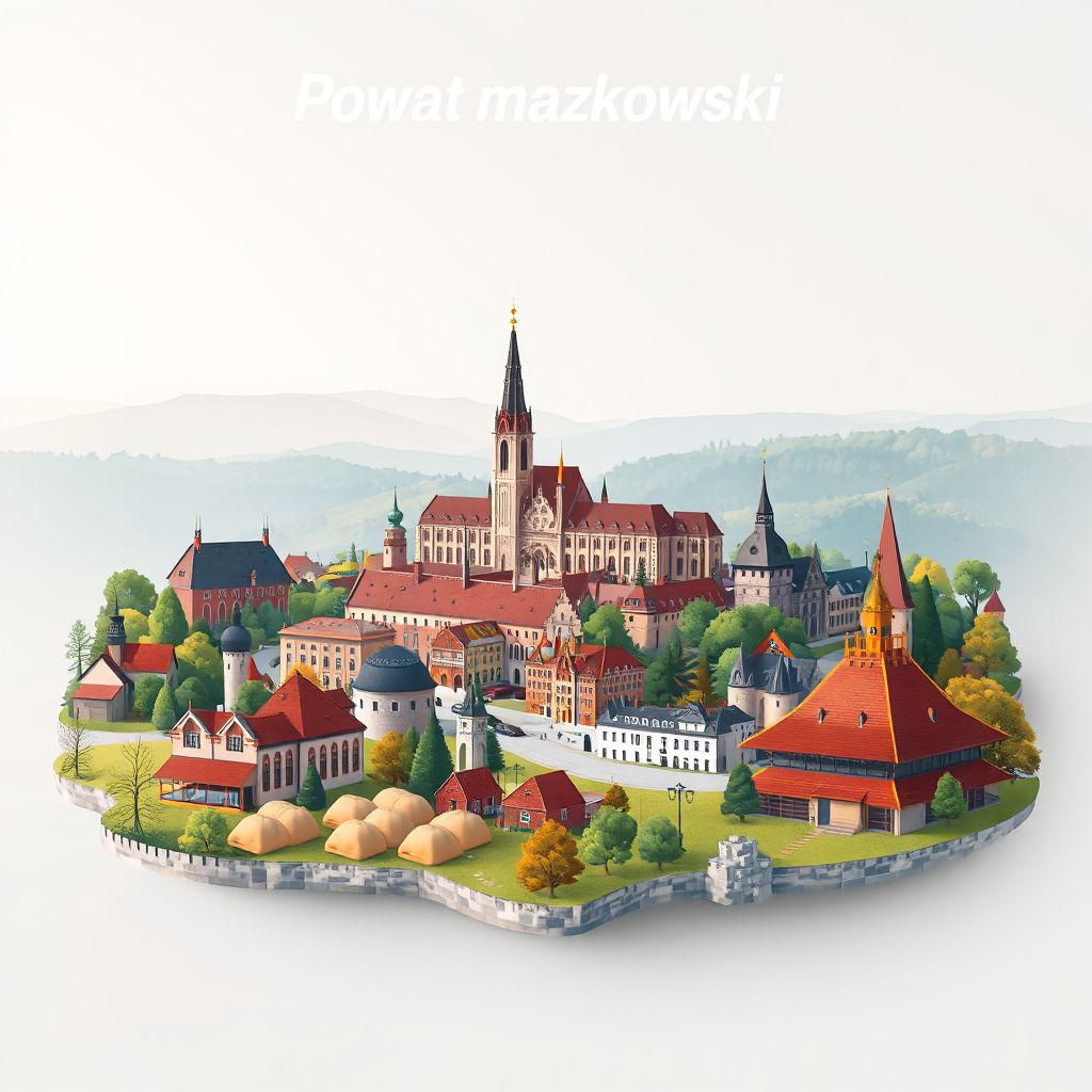 Ultra-high-definition gradient illustration style Powiat makowski illustration, showing the unique charm of the Mazovian Landscape Park, the historic town of Maków Mazowiecki.