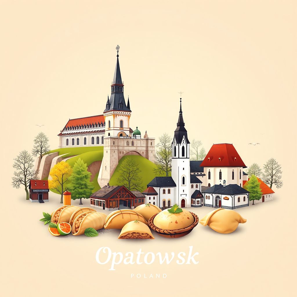 Ultra-high-definition gradient illustration style Powiat opatowski illustration, showing the unique charm of the Opatow Castle, the Church of St. Stanislaus, and pierogi.