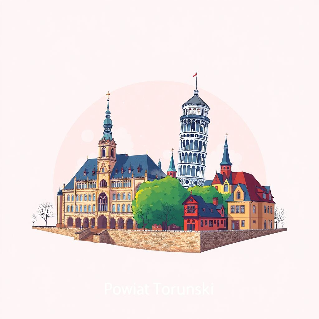 Ultra-high-definition gradient illustration style Powiat Torunski illustration, showing the unique charm of the Torun Town Hall, the Leaning Tower of Torun, and the Copernicus House.