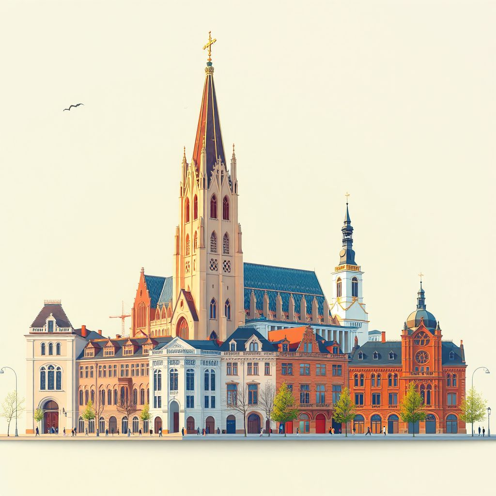 Ultra-high-definition gradient illustration style Powiat rawski illustration, showing the unique charm of the Church of St. Mary Magdalene, the Piotrkowska Street, and the Manufaktura.