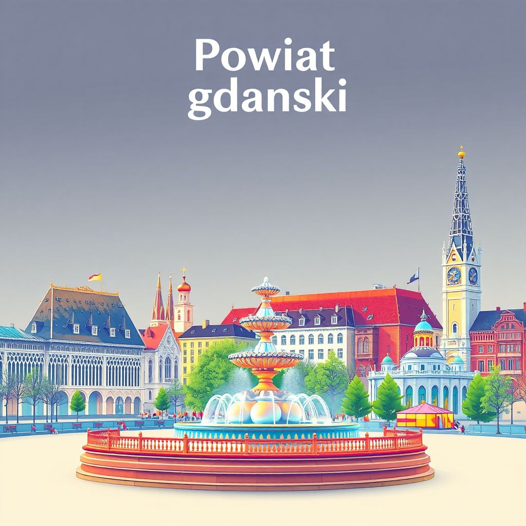 Ultra-high-definition gradient illustration style Powiat gdanski illustration, showing the unique charm of the Long Market, Neptune's Fountain, and the Amber Museum.