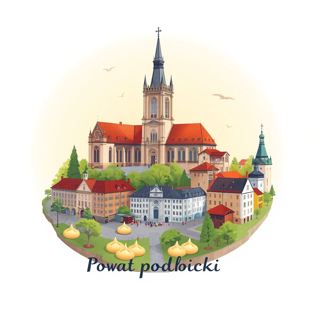 Ultra-high-definition gradient illustration style Powiat poddebicki illustration, showing the unique charm of the Church of St. Stanislaus, the historic town center, and traditional Polish pierogi.