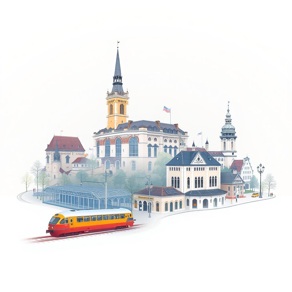 Ultra-high-definition gradient illustration style Powiat skierniewicki illustration, showing the unique charm of the Skierniewice Castle, the Skierniewice Railway Station, and the Skierniewice Museum.