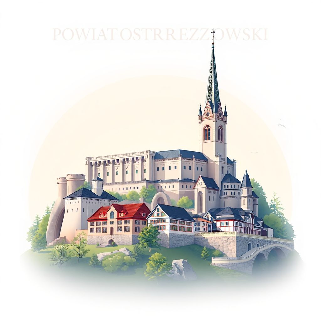 Ultra-high-definition gradient illustration style Powiat ostrzeszowski illustration, showing the unique charm of the Ostrzeszów Castle, the Church of St. Stanislaus.