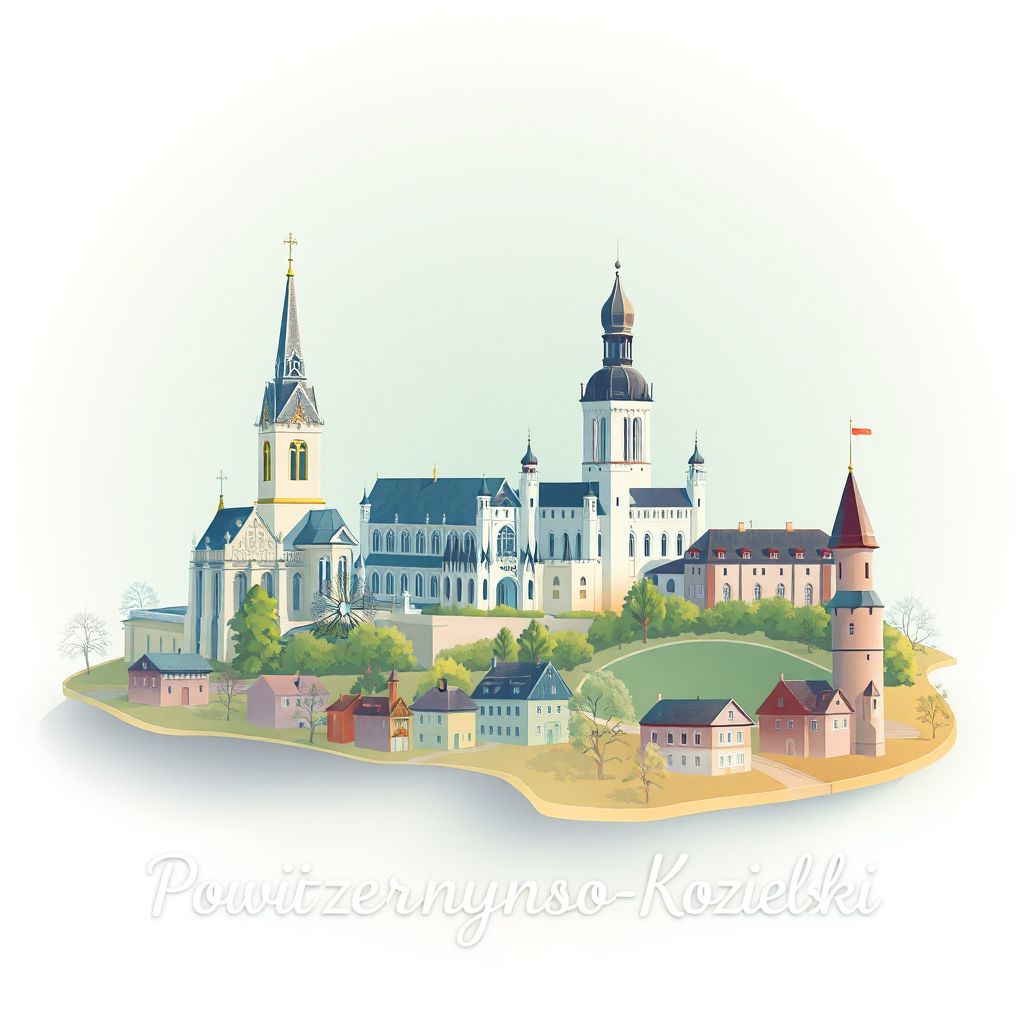 Ultra-high-definition gradient illustration style Powiat Kedzierzynsko-Kozielski illustration, showing the unique charm of the Church of St. Stanislaus, the Kozielski Castle, and traditional Polish pierogi.