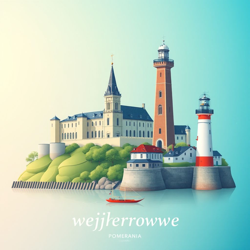 Ultra-high-definition gradient illustration style Powiat wejherowski illustration, showing the unique charm of the Wejherowo Castle, the Church of St. Mary Magdalene, and the Wejherowo Lighthouse.