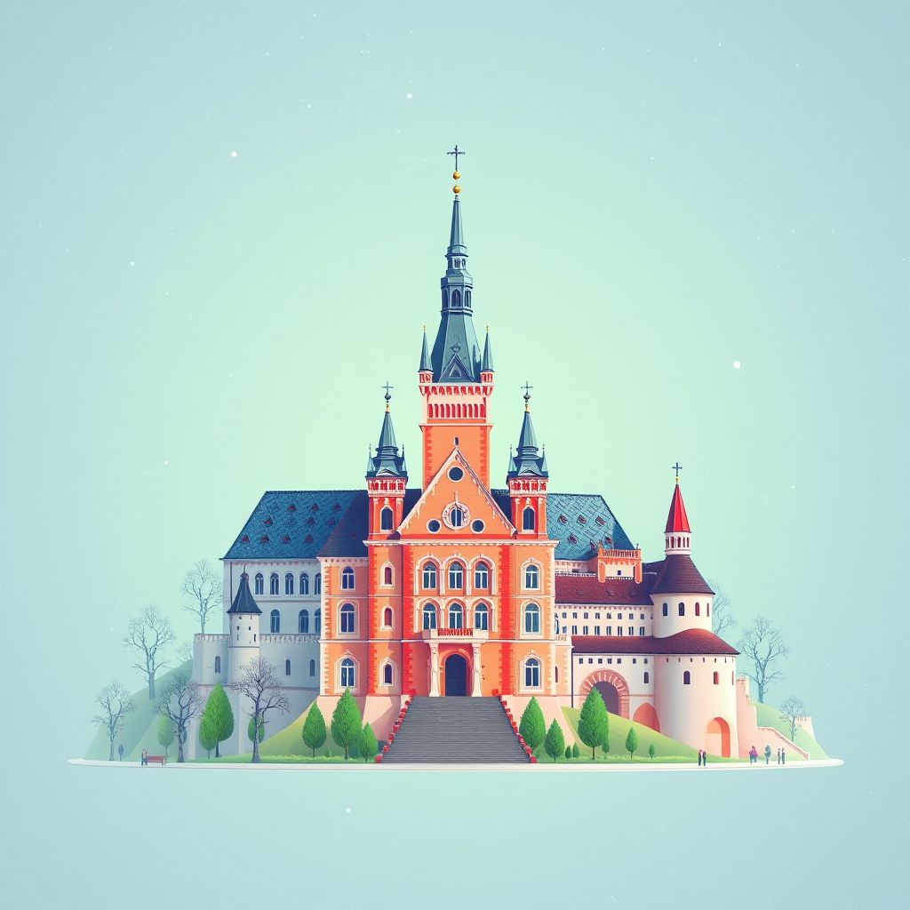 Ultra-high-definition gradient illustration style Powiat grodziski illustration, showing the unique charm of the Grodzisk Wielkopolski Town Hall, and the Grodzisk Wielkopolski Castle.