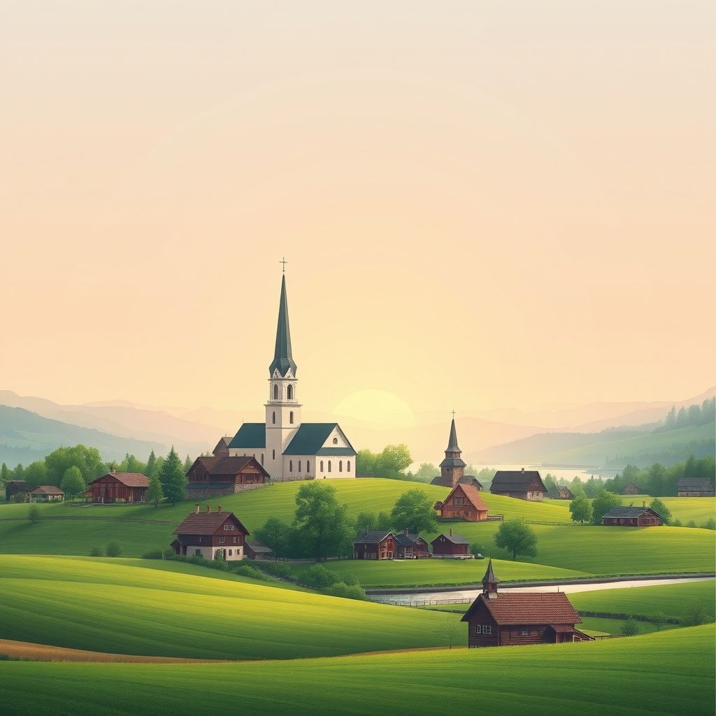 Ultra-high-definition gradient illustration of Łukta, featuring historic churches, the Masurian Lake District, traditional architecture, and pierogi.